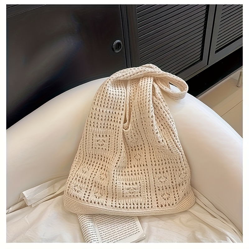 TEMU Women's Hand-knitted Large Capacity Tote Bag - Vintage Woven Shoulder Bag With Design, / Suitable For Casual & Business Travel, Beach Bag,