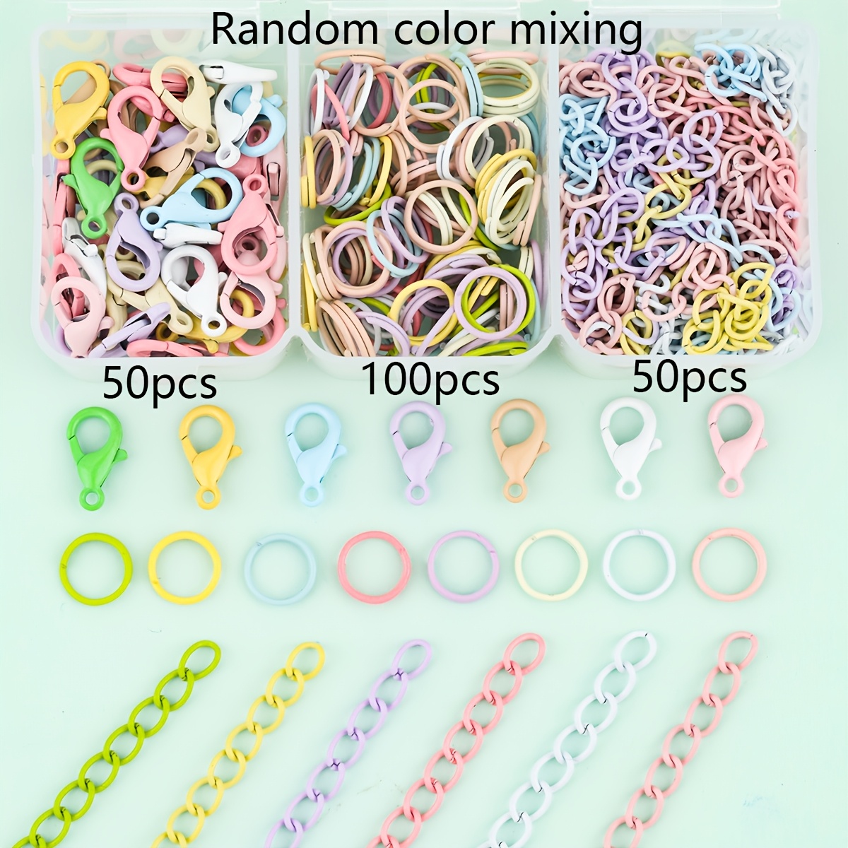 TEMU 200pcs/box Keychain Accessory Making Kit Random Mixed Colors Includes 50pcs Lobster Clasps, 50pcs 4-section Extension Chains, 100pcs Jump Rings