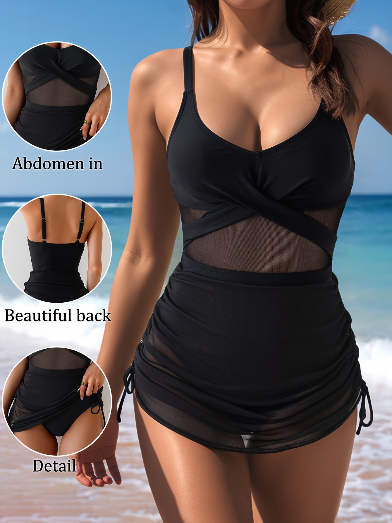 UFJUFJ Women's One-Piece Swimsuit - High Elasticity Mesh Panel & Crisscross Straps with Adjustable Back Tie, Open Back Design & Ruched Detailing, Solid Color Casual Chic Swimwear for Beach, Pool, Summer 2025 Trendy Style, Cute Swimsuits, Comfortable Fit, Poolside Fashion, Durable Stitching, Stylish Swimwear, Beach Lovers