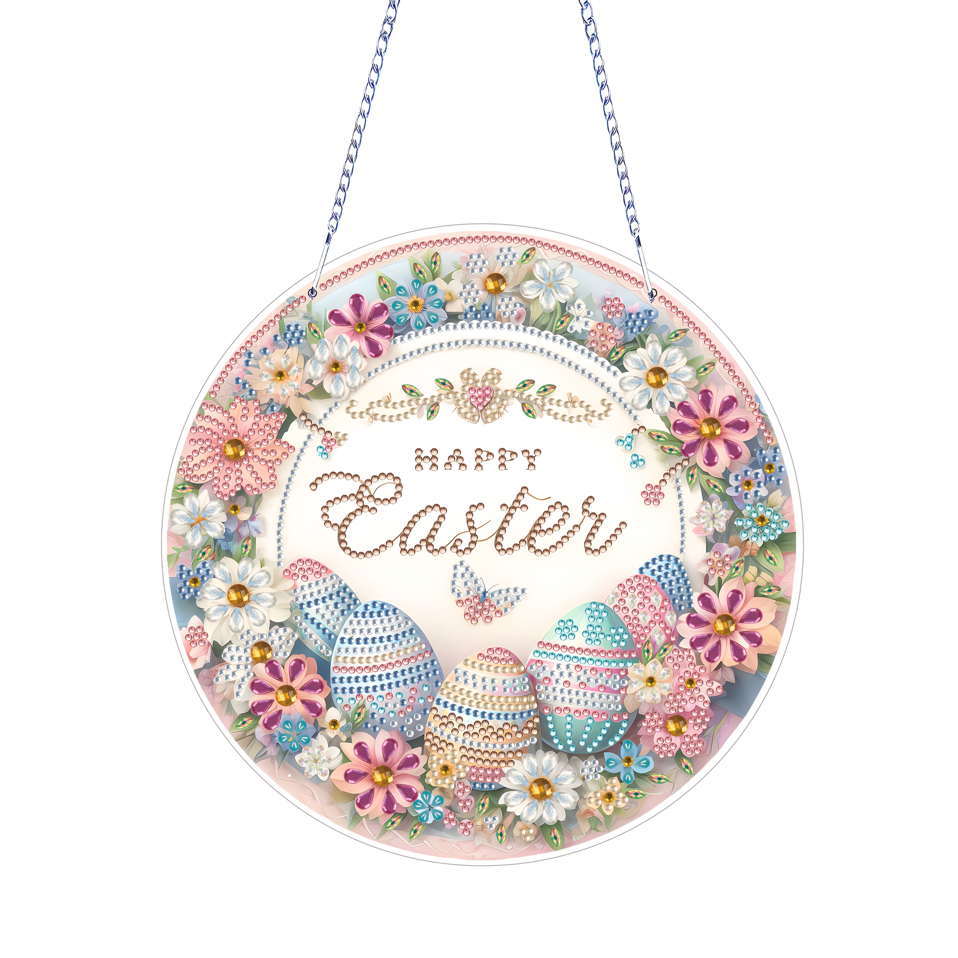 

1pc, Easter Themed 5d Double-sided Acrylic Diamond Painting Hanging Ornament, Flower & Egg Pattern, Creative Diy Gift, Sparkling , Irregular Shape, Festival Decor