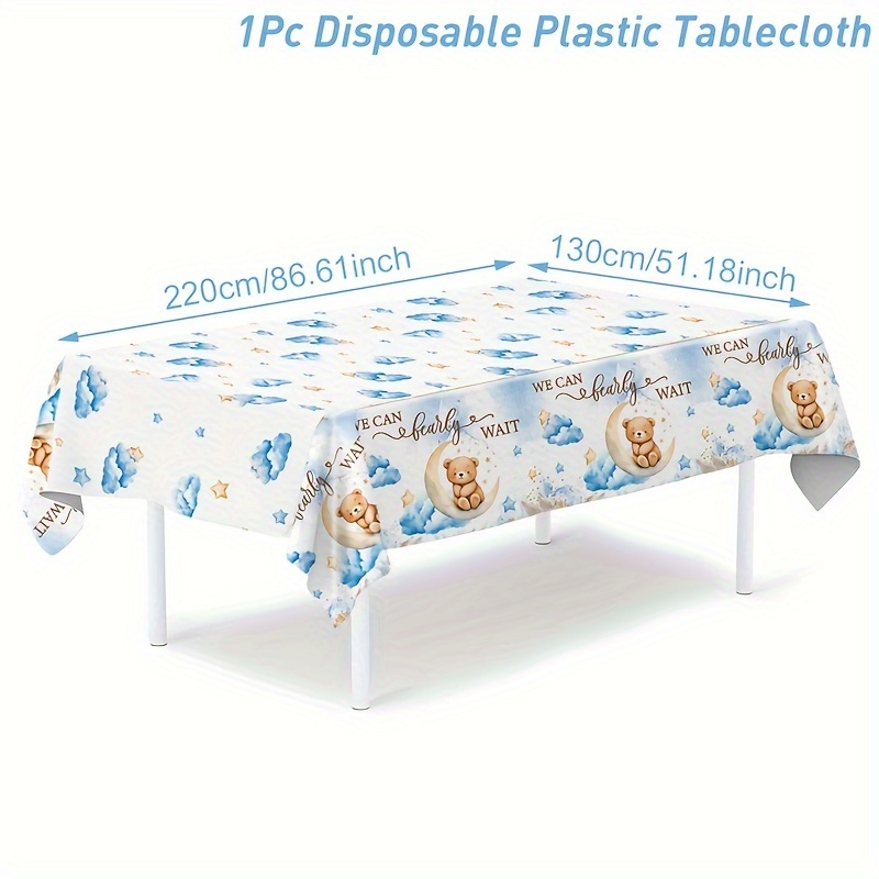TEMU 1pc, Blue Teddy Bear Tablecloth, 220*130cm, Little Bear Moon Pattern Disposable Tablecloth For Baby Shower, Gender Reveal Party Decorations,