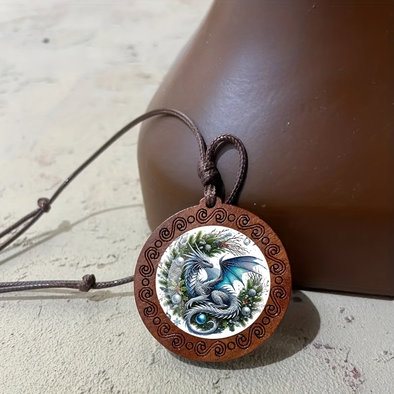 Silvery Dragon Holly Wreath Wooden Necklace, Fun Gift