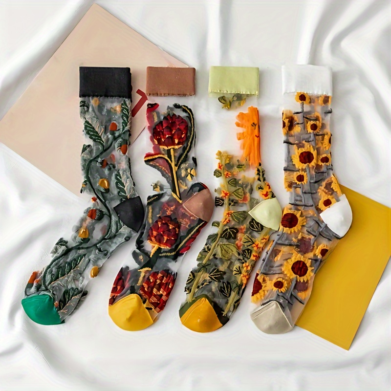 

4 Pairs Vintage Floral Mesh Socks, Breathable Mid-calf Socks, Women's Stockings & Hosiery