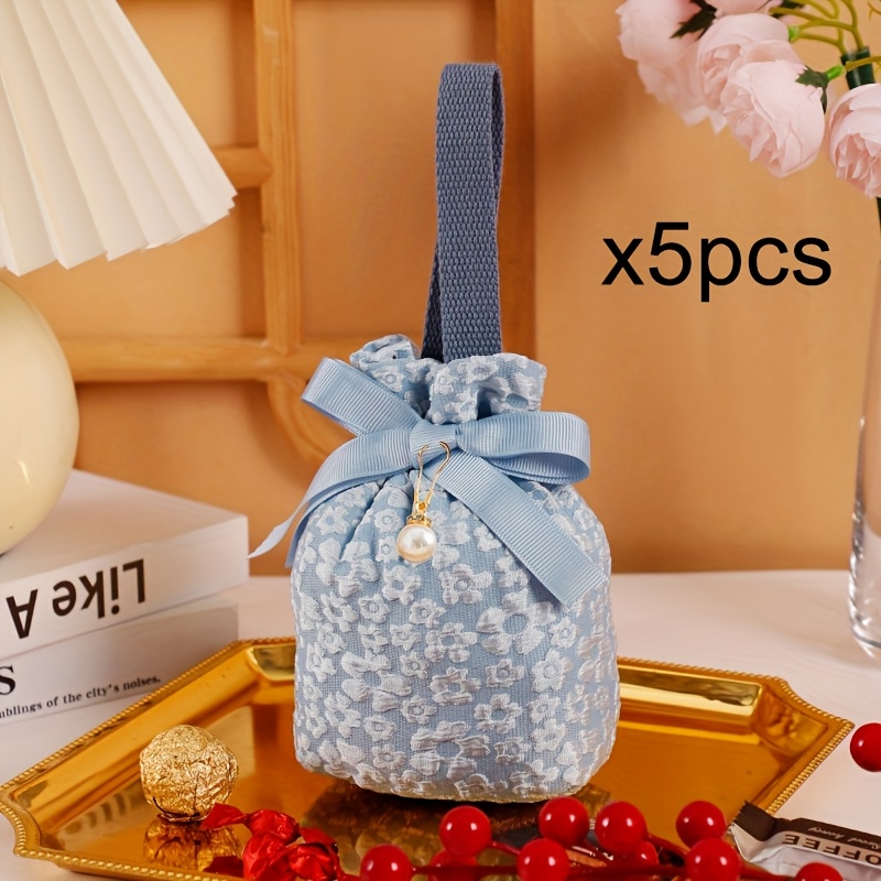 5pcs Cotton Candy Favor Bags with Floral Pattern & Decorative Ribbons -   (Red, Pink, Blue, Purple) for Weddings, Bridal Showers, Parties, Home Decor - Reusable Gift Bags with Secure Closure