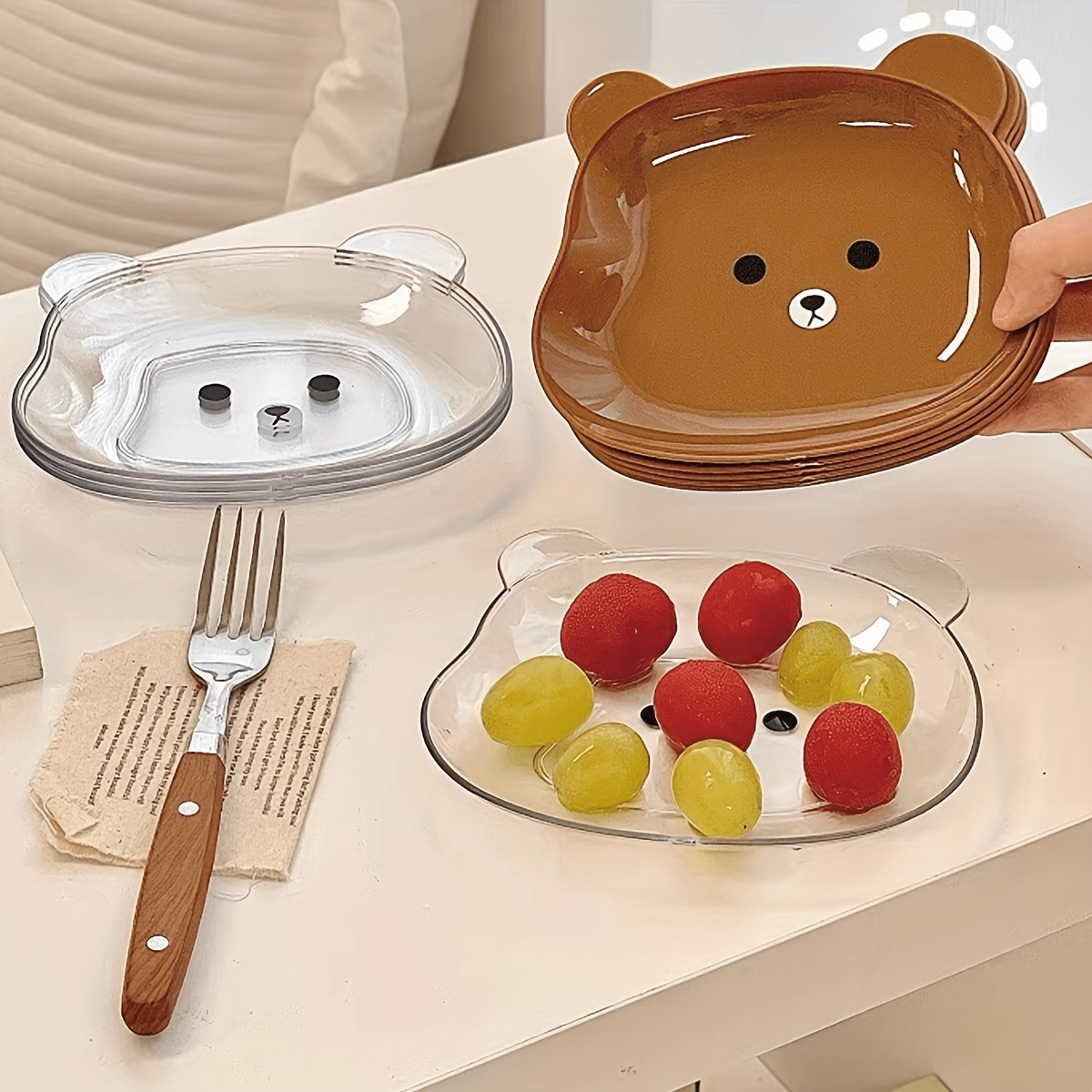 

2pcs Adorable Bear-shaped Pet Plastic Dishes For Kitchen & Dining - For Breakfast, Fruits, &