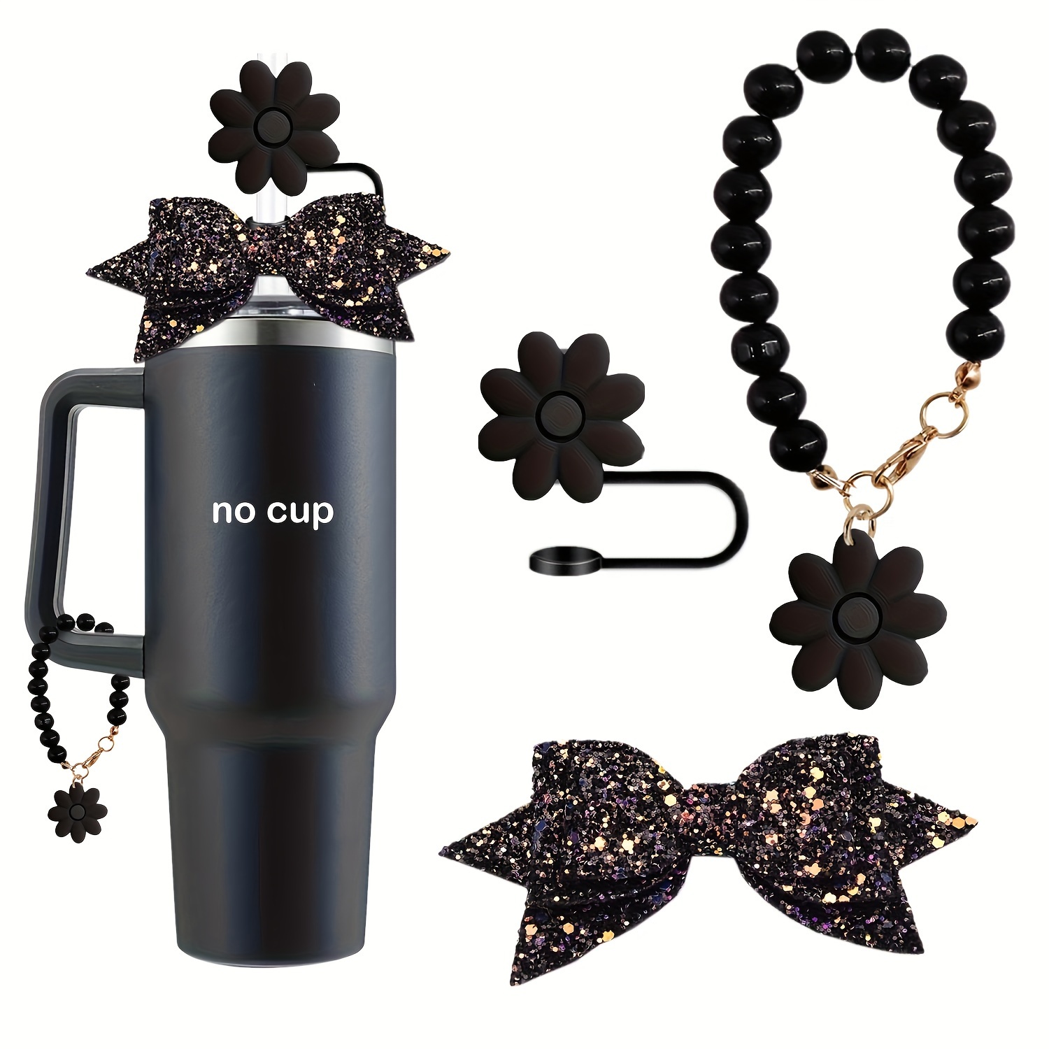 

3pcs Set Black Beaded Flower Charm Chain & Sequin Bow Straw Covers - Dustproof Drinking Accessories For Cups