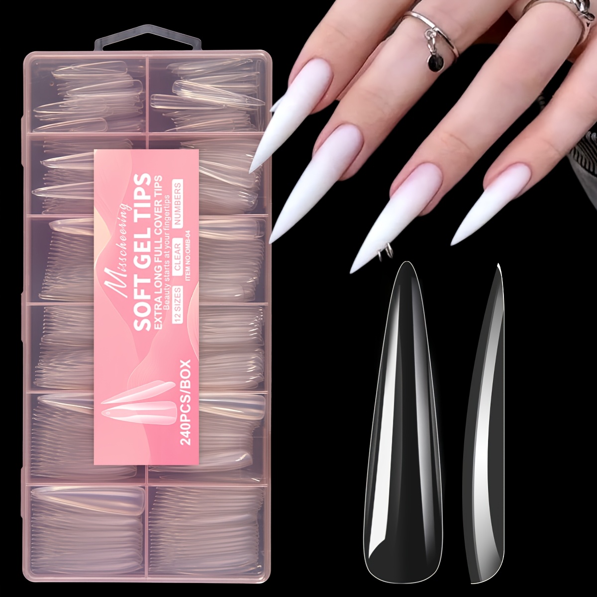 TEMU 240pcs/Set Faux Ongles Extra Longs Stiletto Brillants French Semi-Couverture pour Femmes Fournitures de Salon d'Ongles