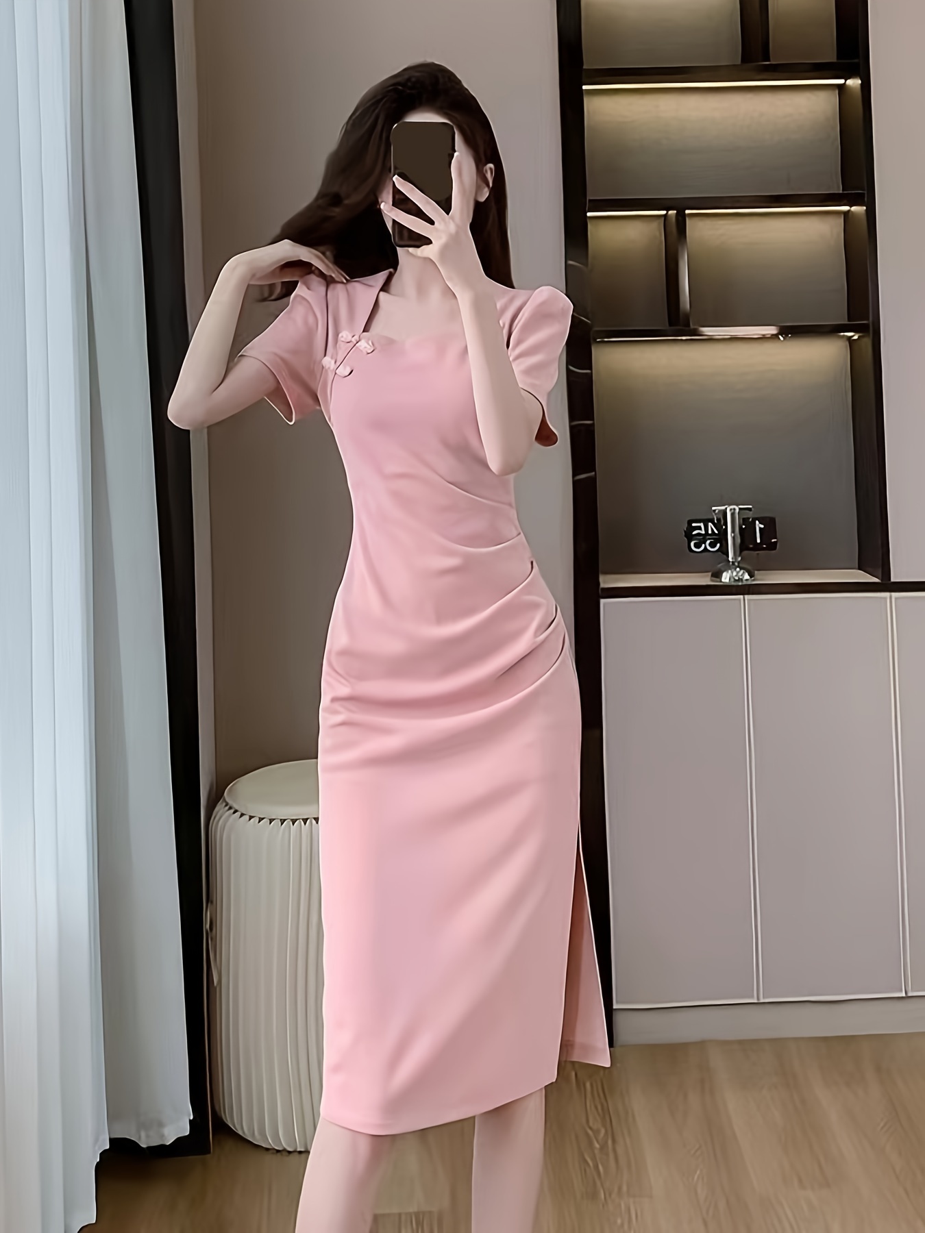 womens korean inspired square neck qipao dress bodycon fit Temu