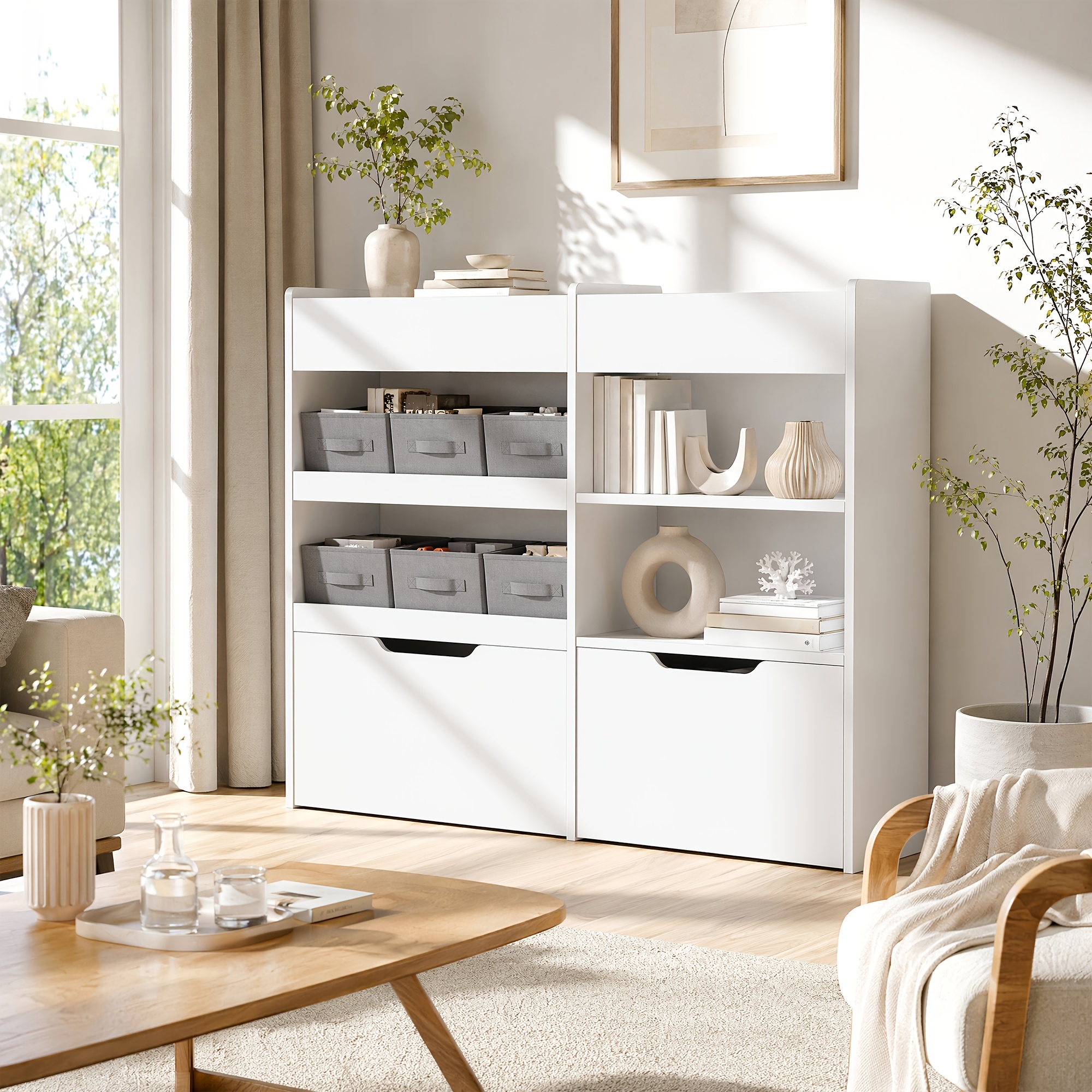Image of Kealive White Storage Cabinet With 6 Removable Bins And Rolling Drawers, Multifunctional Bookshelf Organizer For Living Room And Bedroom