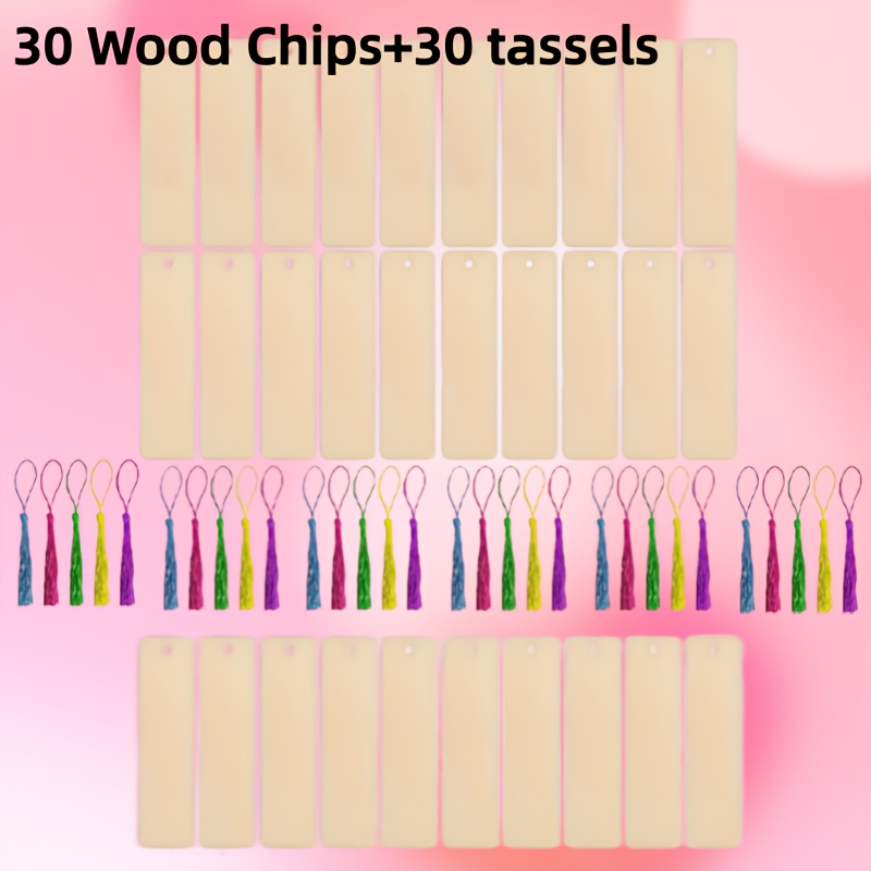 Image of 60pcs Of 30pcs Wooden Blank Bookmarks+30pcs Random Colors Tassels, Square Labels, Options, The Best Gifts For Thanksgiving, Christmas, Year, And Valentine's Day