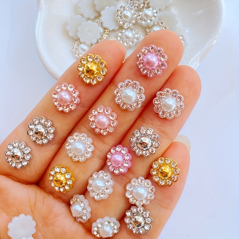 

50/100pcs Resin Flower Round Pearl Flatback Crystals Nails Art Flatback Rhinestone Appliques Diy Wedding Scrapbook Nail Decor Accessories Crafts