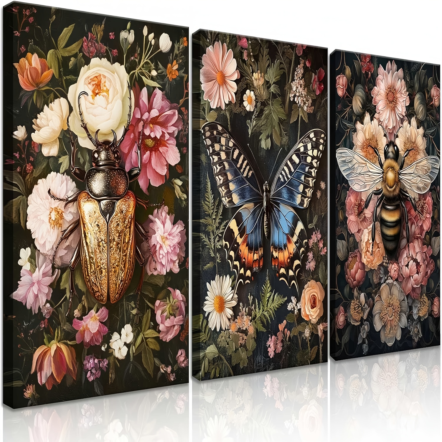 TEMU 3pcs And Bee Floral Wall Art Gothic Dark Insect And Plant Wall Decor Vintage Dark Preppy Posters Canvas Prints Painting Picture For Bathroom