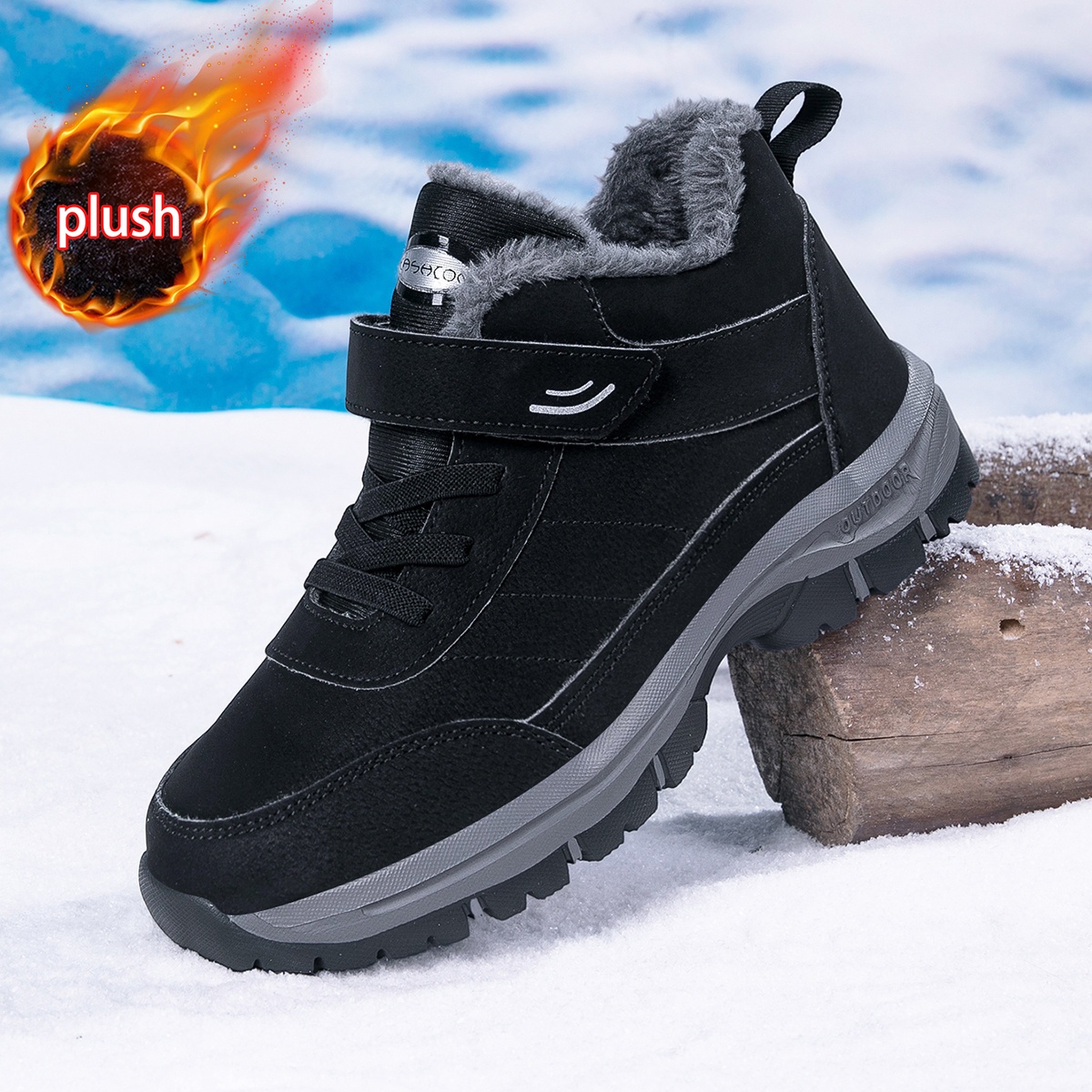 TEMU Men's Snow Boots, Weather Snow Boots - Thickened Warm Anti-slip Winter Boots, Unisex Hiking Shoes With Hook-and-loop Fastener, Multiple Sizes ,