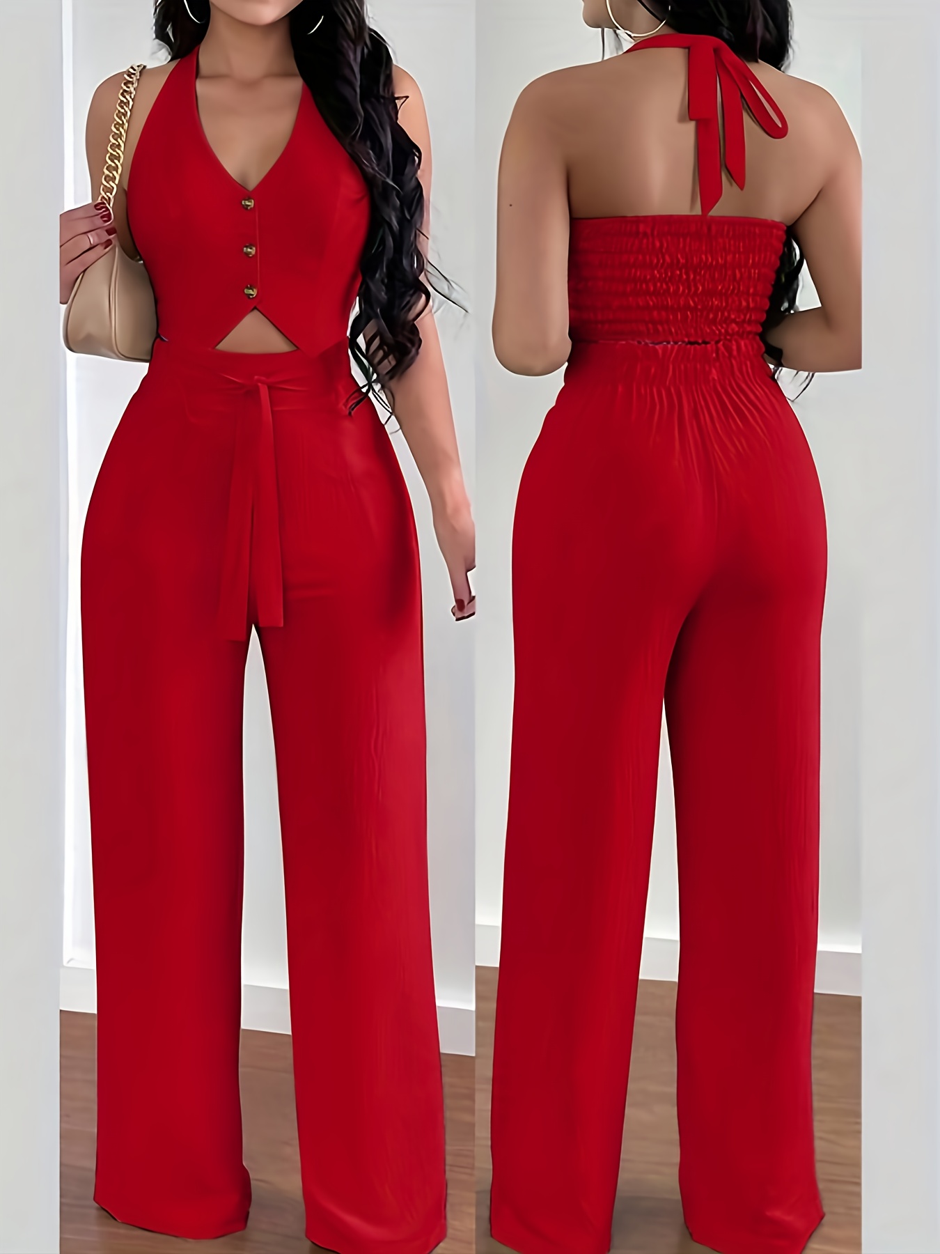 Nuevo conjunto de dos piezas para mujer: elegante top halter sin espalda y pantalones de pierna ancha, ideal para vacaciones y un estilo casual