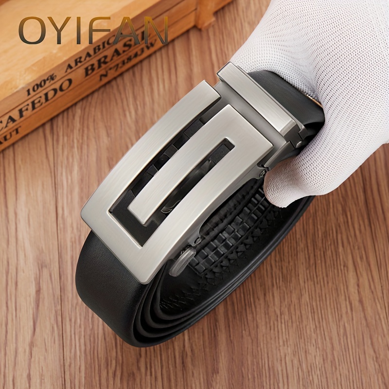 Oyifan High-end Business Men's Cowhide Formal Belt, Automatic Ratchet Buckle, Business Formal Occasions, Daily Wear, Suit Clothing, Adjustable Strap, Comfortable, Durable, Stylish Accessory.