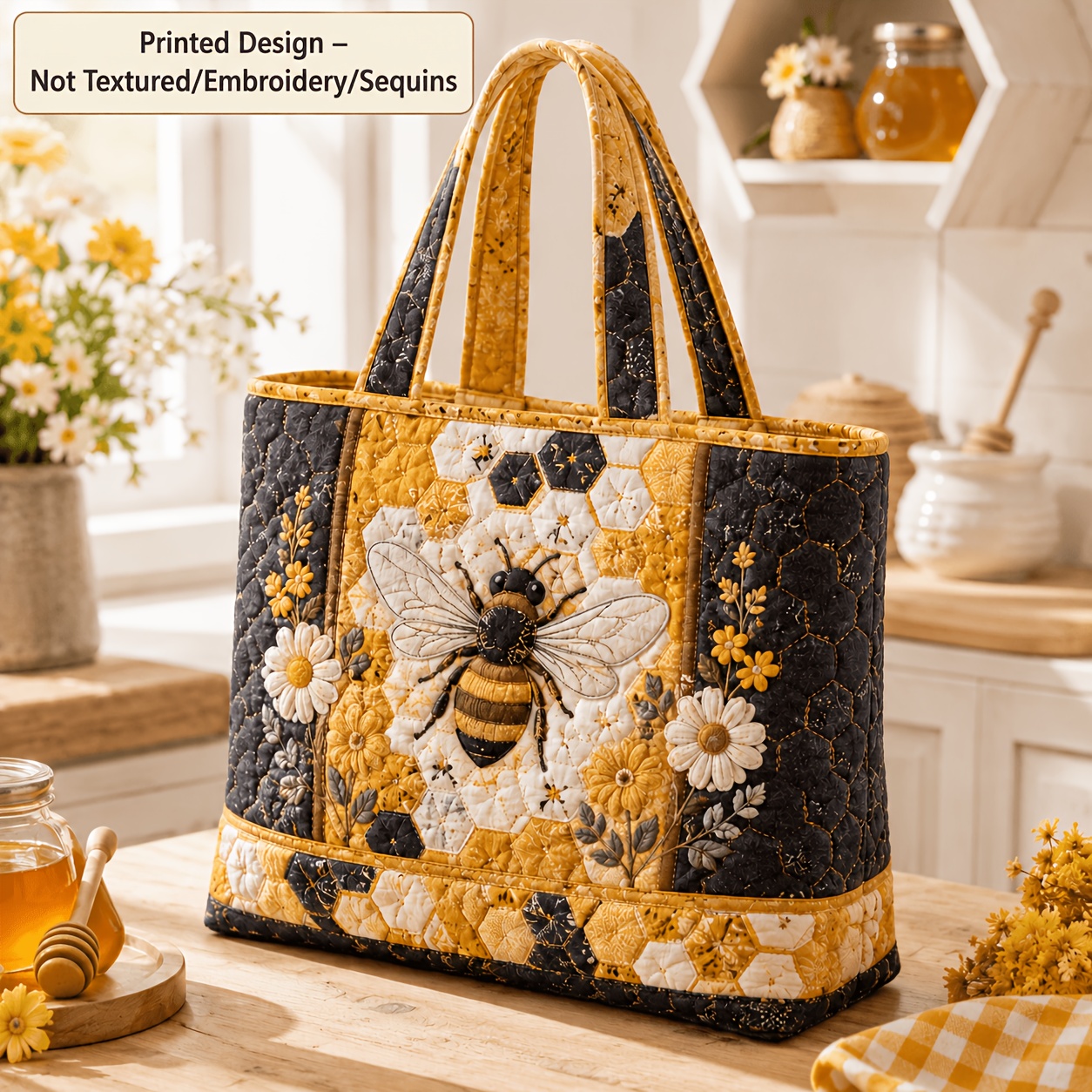 TEMU Printed Design Not Textured, Embroidery, Sequins, Women's Quilted Tote Bag With Bee And Honeycomb - Mustard Yellow And Charcoal Zipper Handbag,