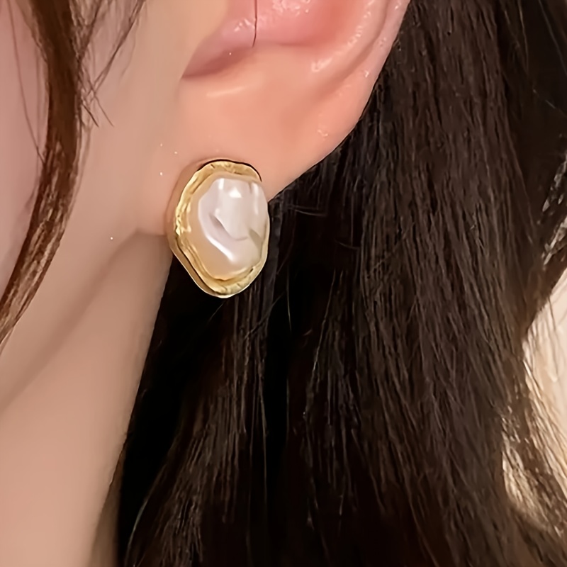 

Elegant Baroque-style Pearl Stud Earrings For Women - Alloy With Golden-tone Frame, And Gifting