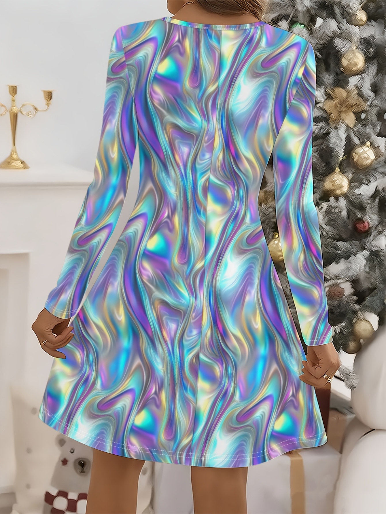 womens holographic long sleeve dress a line mini dress - Temu South Africa