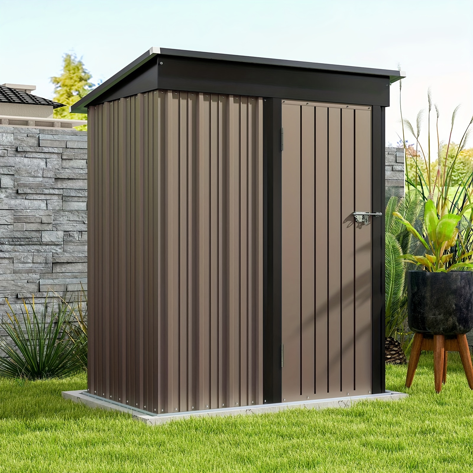 

5x3ft Outdoor Storage Shed With Roof & Lockable Door - Metal Tool Room For Backyard, Garden, Patio - Brown