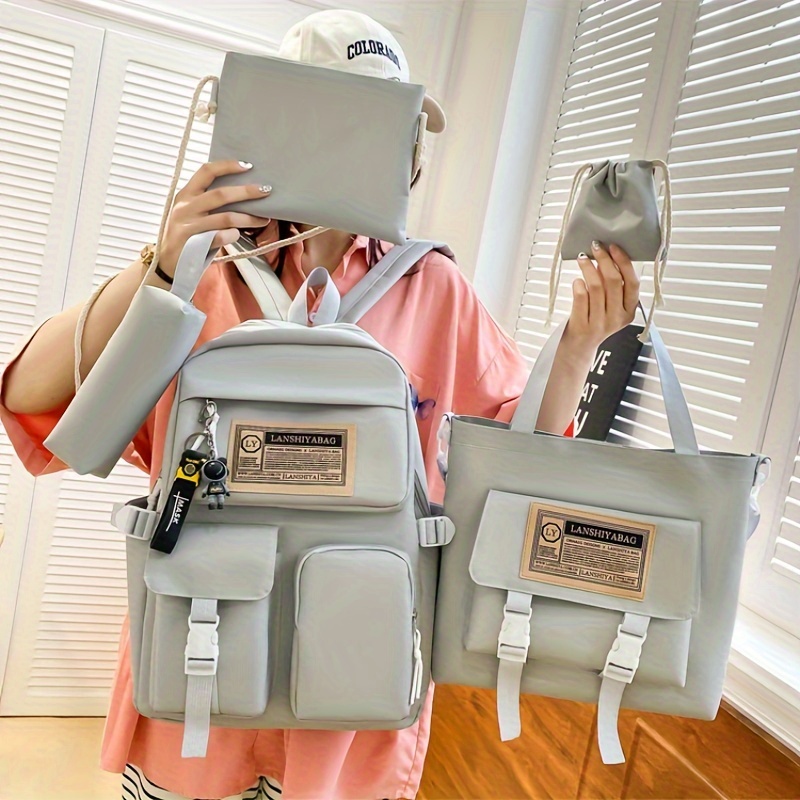 5pcs Solid Color Backpack Set, Large Capacity Double-ShoulderBag, Simple Tote, Pencil Bag, Casual Crossbody, Lightweight Student Shoulder Bag.