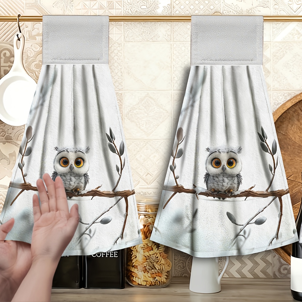 TEMU 2pcs Hanging Hand Towel With Owl Perched On Branches Pattern, Soft Microfiber Material, Fine , Cute Modern Cartoon Style, Suitable For