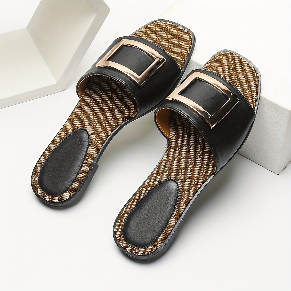 Vintage Square Toe Slides for Women - All-Season Slip-On Flat Heel Sandals with Ankle-Strap, Fashionable Casual Beach Open-Toe Slides with Square Buckle Detail, Man-Made Materials & TPR Sole