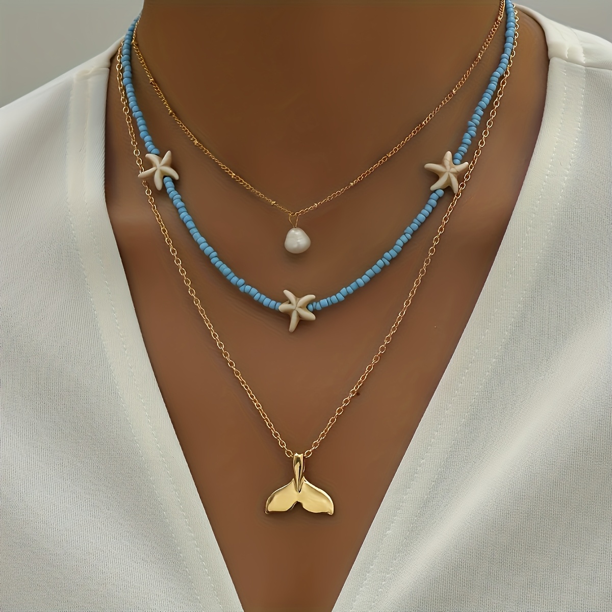 Image of 2pcs Of Women's Bohemian Starfish Tail Pendant Layered Necklaces, Beach Vacations, Holiday Gifts, And Birthday Presents