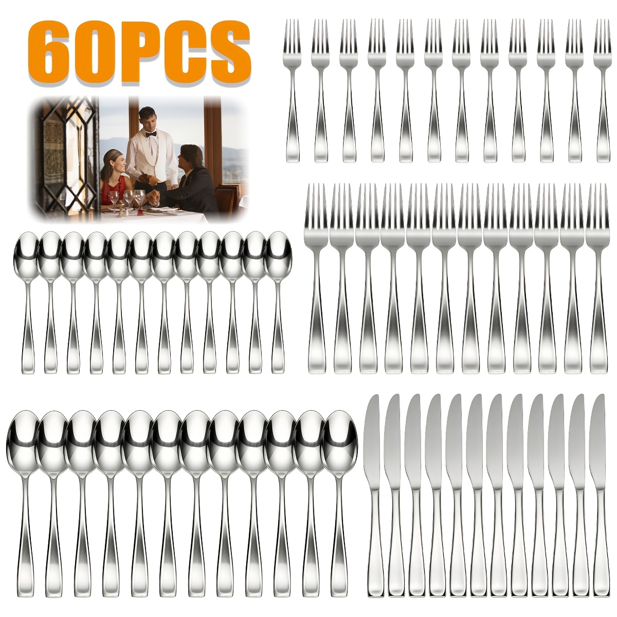 TEMU Ensemble de couverts en acier inoxydable de 60 pièces, service pour 12, ensemble de couverts avec couteaux cuillères, couverts lavables au