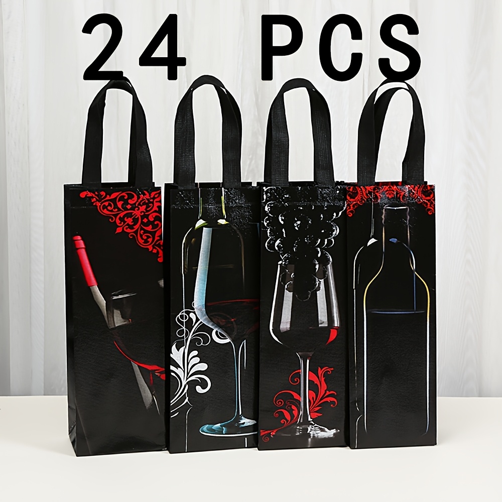 24pcs Black Decorative Cup Packaging Bags, Featuring 4 Pattern Designs With Handles, Suitable For Daily Use, Party Supplies, And Gift Wrapping