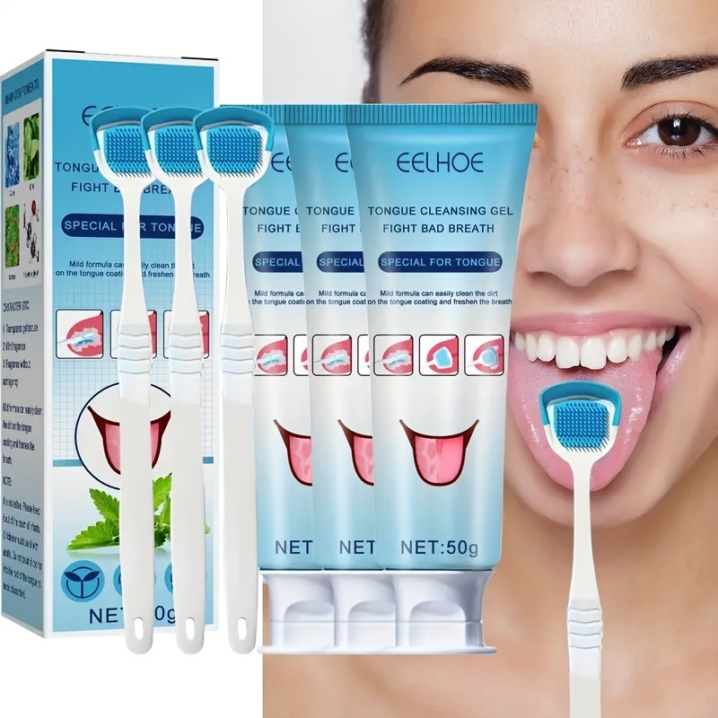 [Fresh Breath Tongue Cleanser] 3-Pack Tongue Cleanser Paste and Brush Set | Fresh Breath Moisturizing Oral Care Tongue Scrubber with Mint & Sorbose, 50g Each