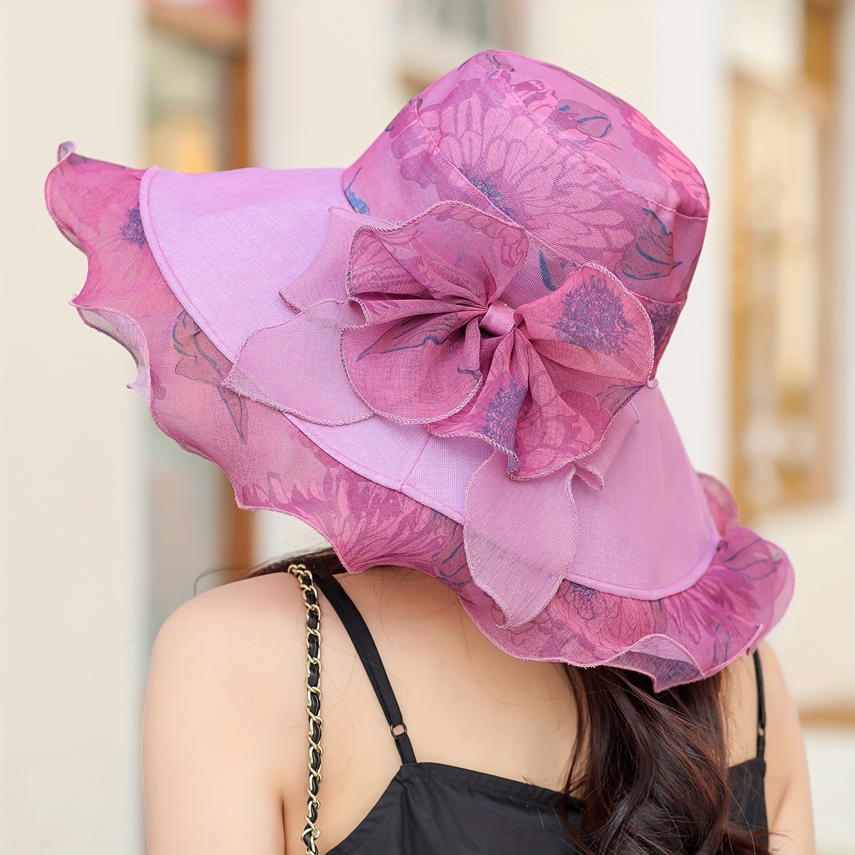 Elegant Pink Floral Women\'s Hat a womens wide brim made organza featuring floral - Temu main image 2