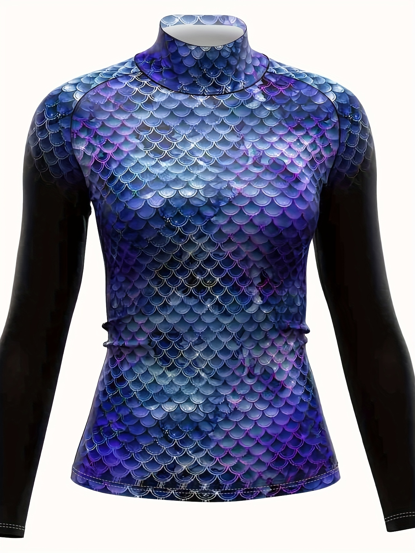 dames atletisch top met hoge nek en lange mouwen, viskalsen ontwerp met kleurverloop, stretchy polyester & spandex blend, reflecterende oranje tot paarse  , casual surf- en fitnessshirt, alle seizoenen draagbaar 0