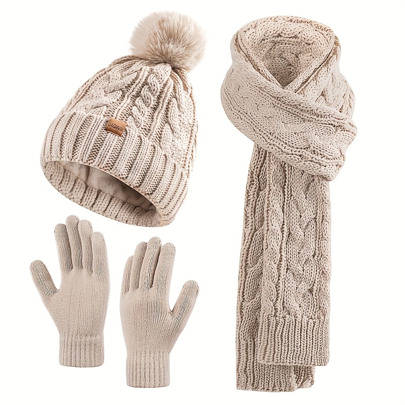 

Ensemble Bonnet, Écharpe & Gants d'Hiver pour Femme - Bonnet Tricoté Doublé en Confortable avec Pompon, Écharpe Chaude pour le Cou, Gants Compatibles Écran Tactile pour