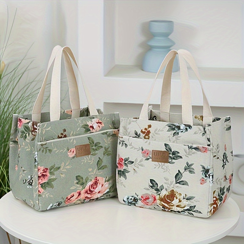 

Canvas Insulated Lunch Bag With Floral Print And Waterproof Thermal Layer - Hand Wash, Mixed Color, Rectangle Shape For Work, Travel, Picnic - Keeps Food Fresh All Day, 2 Design Options (1 Piece)