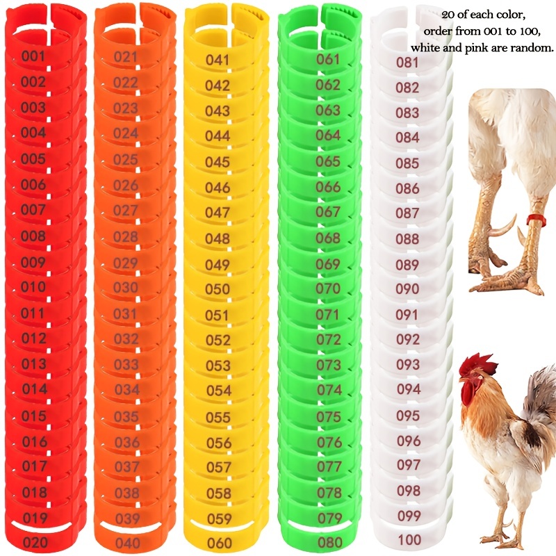 

100-pack Colorful Numbered Chicken Leg Bands - Adjustable Poultry Identification Rings For Chickens, Ducks, Geese & More - Durable Plastic, 6 Slots, Fits 1.10-16.53 Lbs