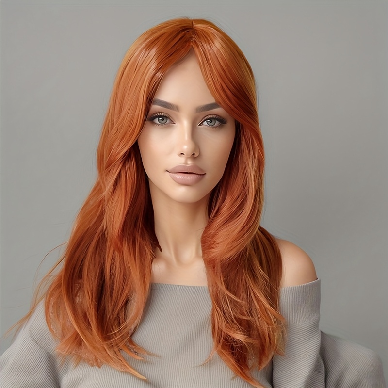 A Lady's Orange Wig With A Double-brow Fringe, Perfect For Daily , Cosplay, And Parties. It Features High Density And Wavy Texture