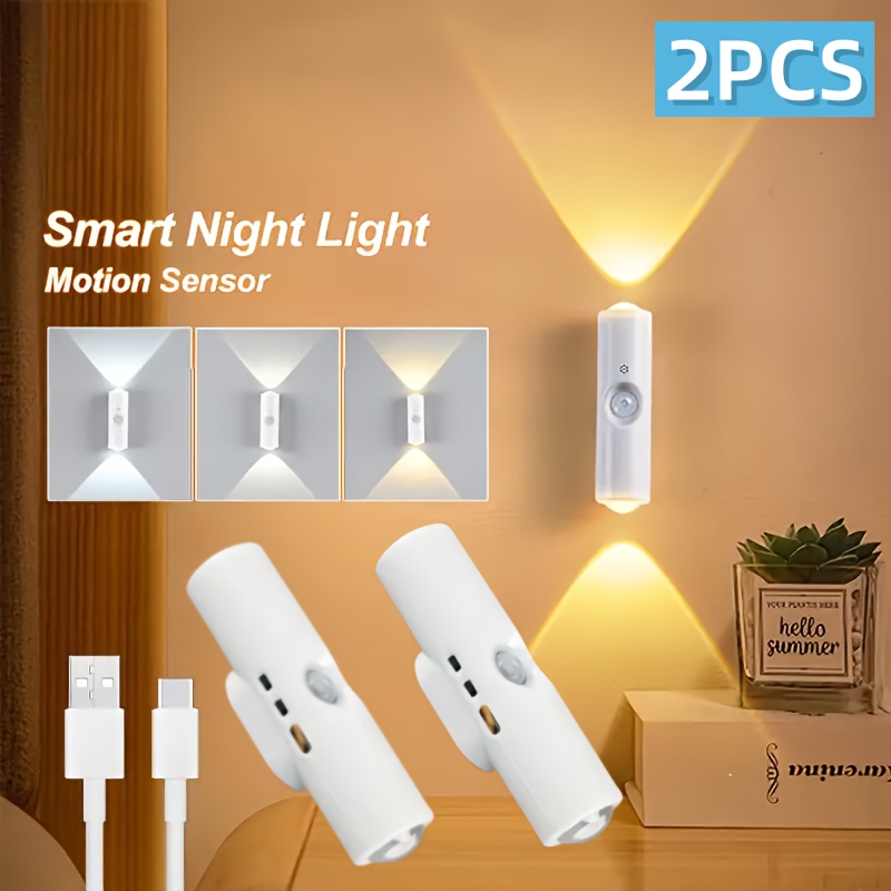 2/4pcs Luz Nocturna Inteligente con Sensor, Lámpara de Pared con Sensor, Luz Decorativa LED para Habitación, Luz Nocturna Recargable USB Blanca para Mesita de Noche, Iluminación Navideña para Dormitorio, Adecuada para Dormitorio, Pasillo, Escaleras y Oficina, Luz Ambiental