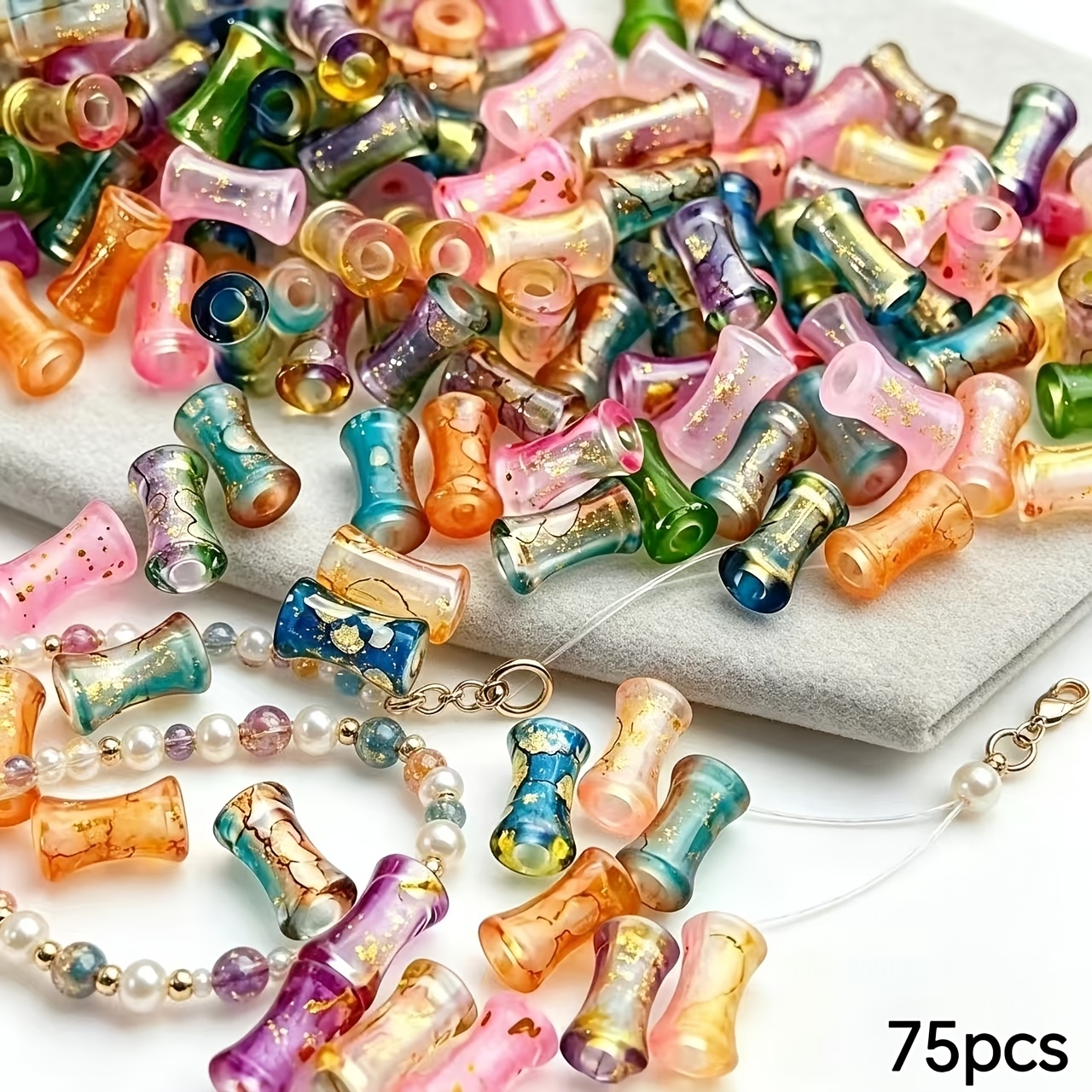 TEMU 75pcs 11mm Mixed Color Ink-washed Bamboo Rayon Joint Small Tube Beads Acrylic Through-hole Loose Beads For Clothing, Footwear, And Jewelry