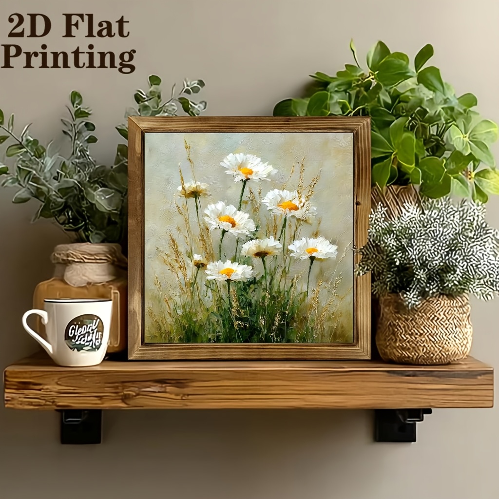 TEMU 2d Flat, 1pc Farmhouse Vintage Daisy Print With Wood Frame - & Botanical Decor Suitable For Home, Kitchen, Living Room, Office - Rustic Framed