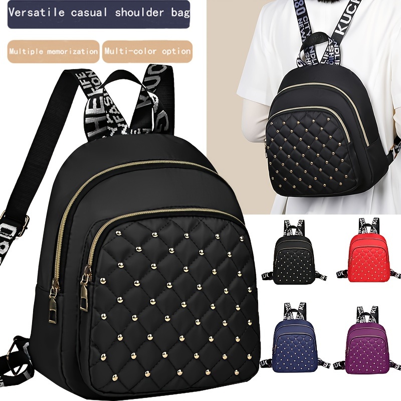 

Casual Nylon Backpack For Women, Solid Color Lightweight Travel Shoulder Bag, With Adjustable Straps, Zipper Closure, Polyester , And Tassel Embellishment, With Embroidered Rivet Detail, For Daily Use