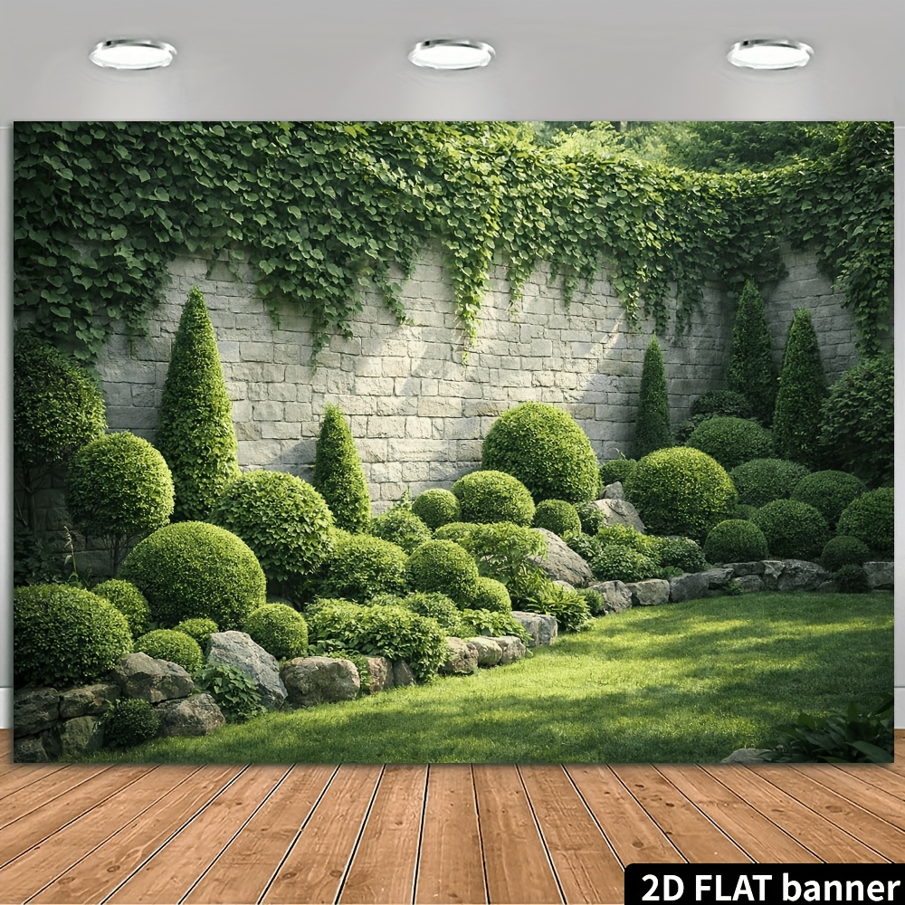 TEMU 2d Flat Garden Landscape Background Banner, Natural Greenery Theme With Ivy, Brick Wall, Shaped Bushes, Lawn Rocks, Polyester Material, No Power
