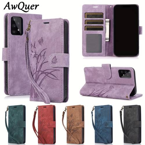 phone case floral flip cover for samsung galaxy a73 a53 a33 a13 a72 a52 a42 a32 a12 4g 5g with lanyard faux leather wallet card holder stand magnetic phone case