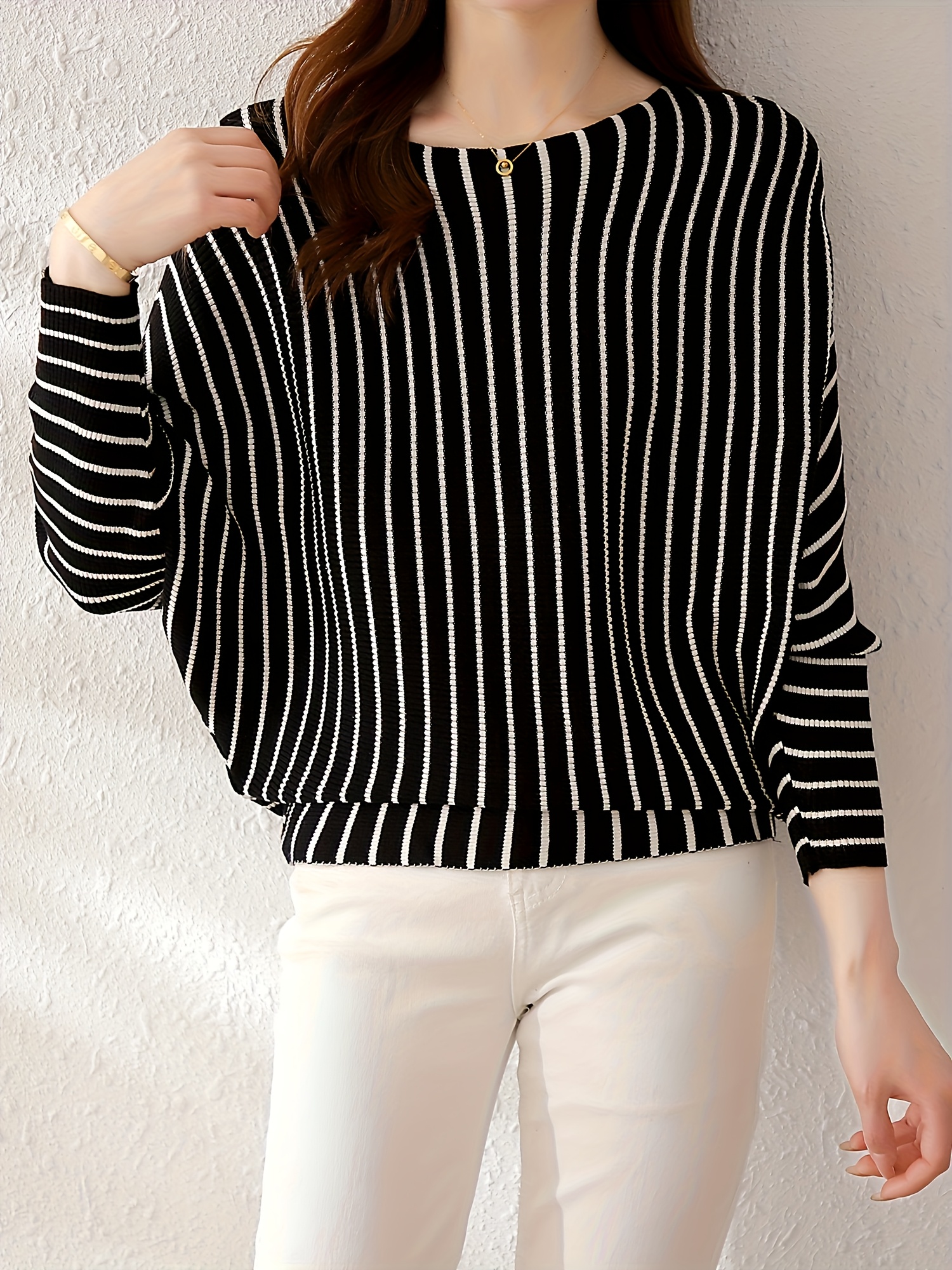 womens elegant striped batwing sleeve knit sweater polyester 100 boat collar regular length color block   season 340g m fabric weight