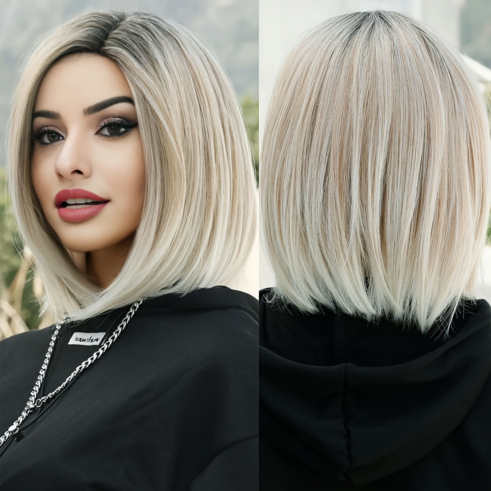 Short Straight Bob Wig For Women, Ombre Blonde Color With Dark , High Temperature Fiber, Density, Cap, Daily Party Cosplay Costume Halloween Use