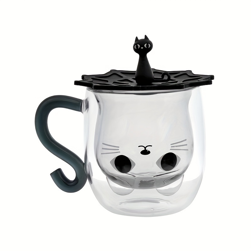 

1pc Cute Cat-themed Double-walled Glass Coffee Mug With Lid - High Borosilicate, Heat-resistant, Reusable For Drinks - Parties & Events