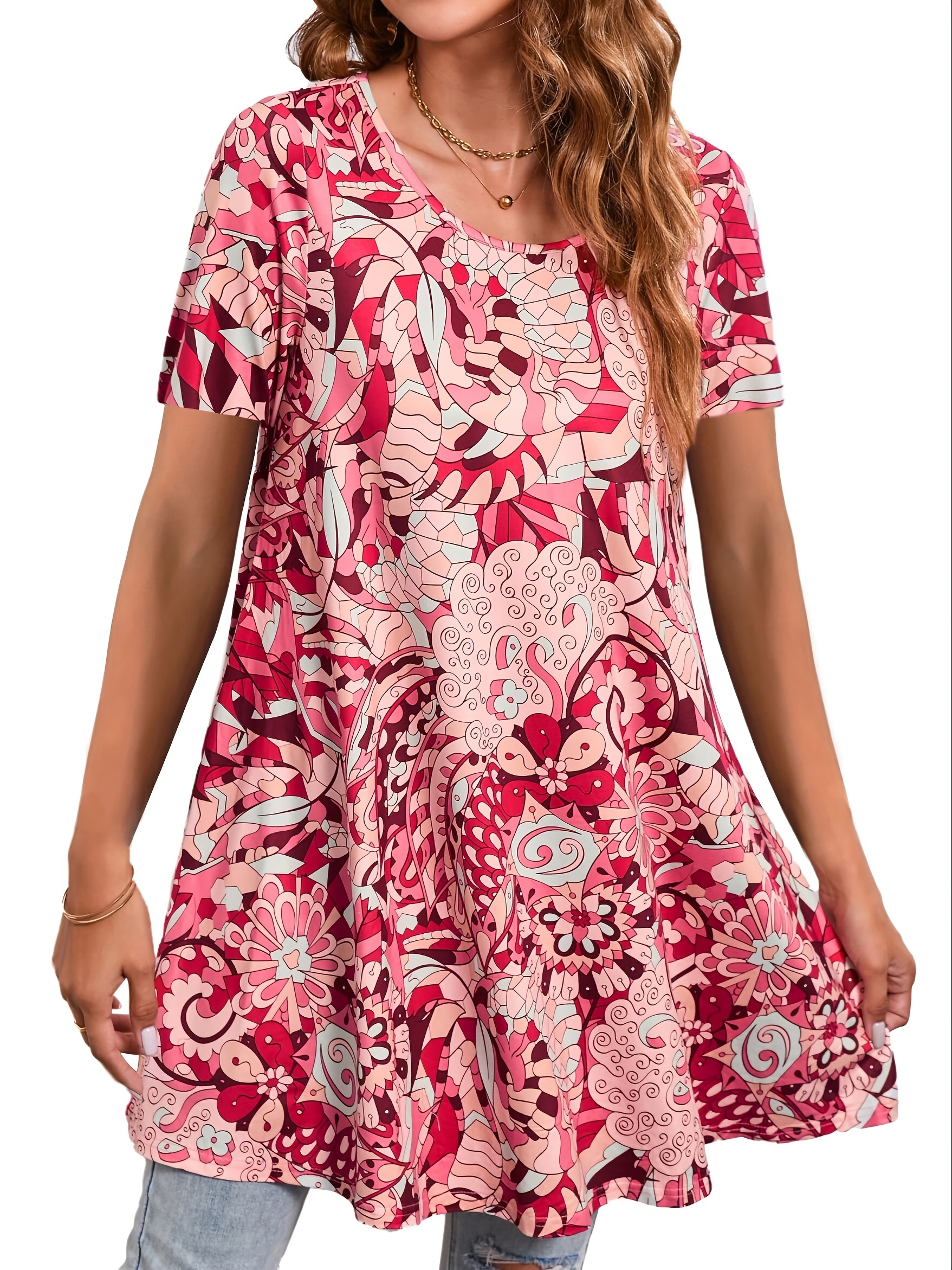 Plus Size Floral Print T-Shirt Casual Crew Neck Short Sleeve T-Shirt Women's Plus Sizeclothing