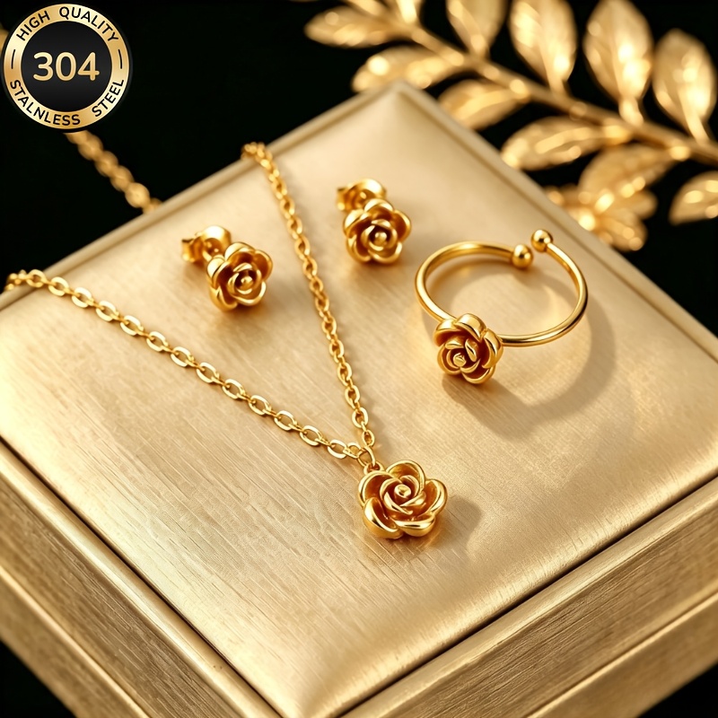 TEMU Parure 3 pièces de haute qualité en acier inoxydable : collier avec pendentif rose GoldenVintage, boucles d'oreilles et bague, parure de bijoux
