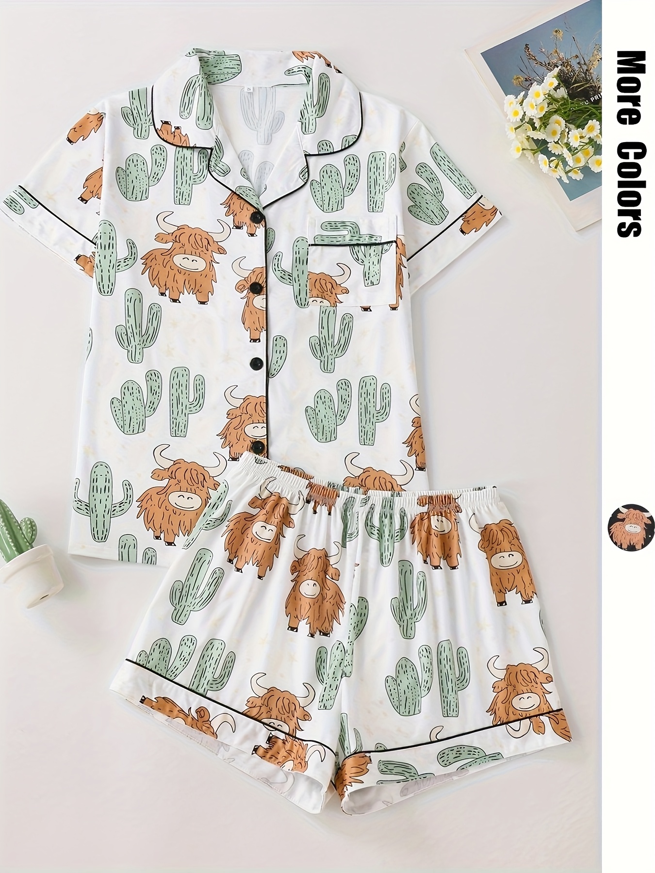 zweiteiliges cactus-print-pyjama, lssiges damen-sommer-top mit und shorts,  homewear-set | Jetzt Fr Zeitlich Begrenzte Angebote Einkaufen | Temu