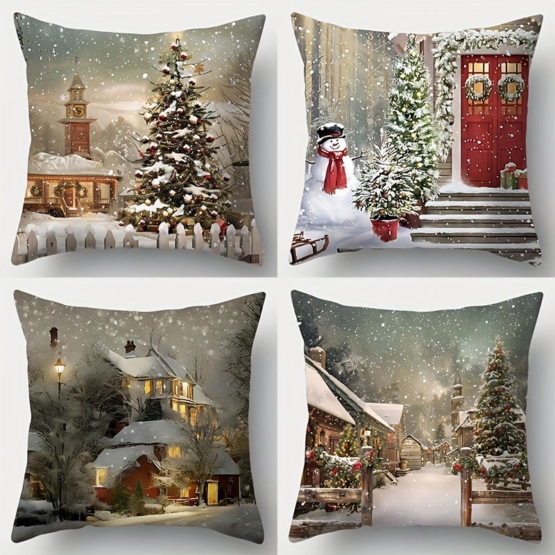 

Winter Wonderland 4pcs Pillow Cover Set - Christmas Design, 17.7" Square, Single-sided Print, Zippered Polyester Cushion Cases For Living Room Sofa Decor, No Insert Included