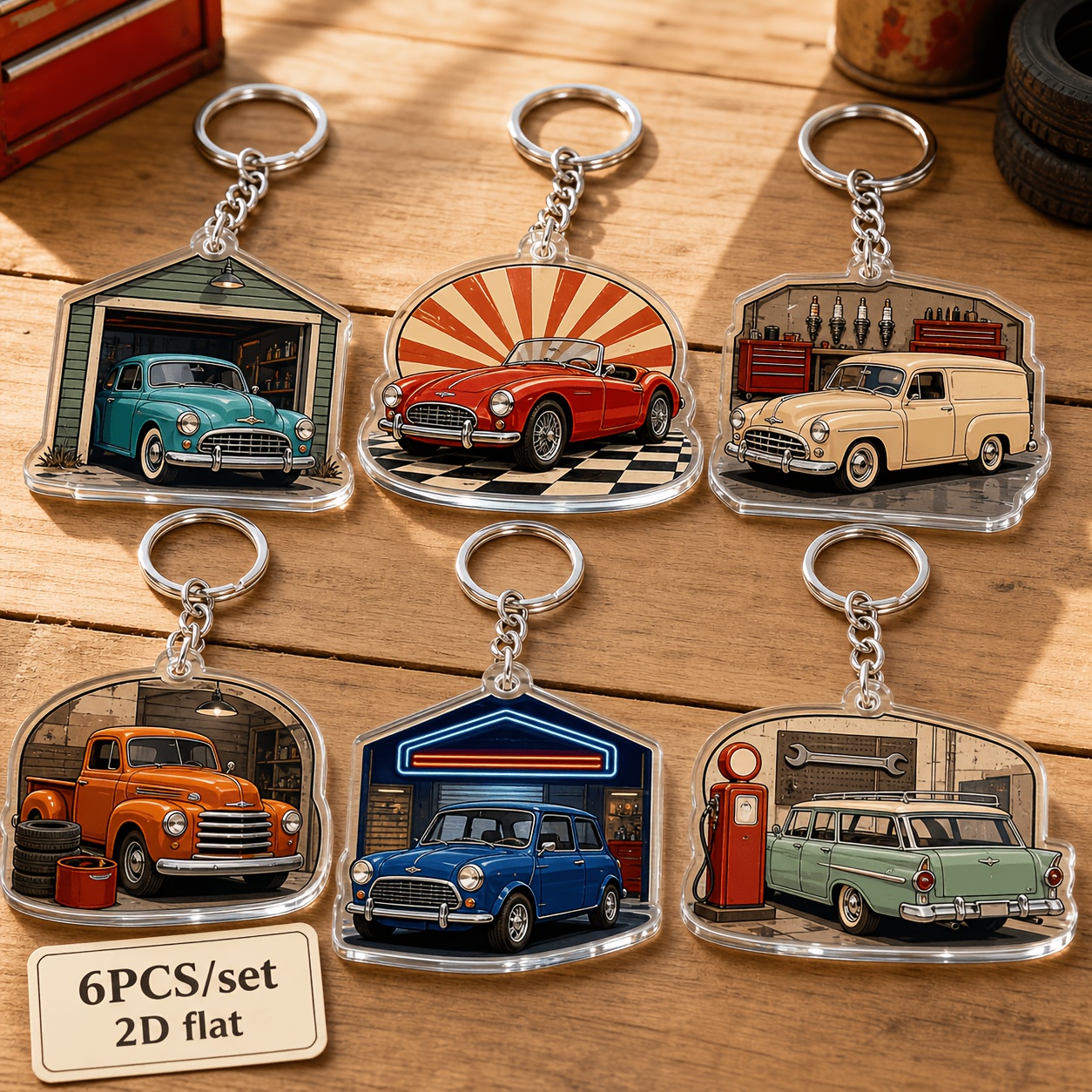 TEMU 2D Plat - [2D Plat] Porte-clés, [2D Plat] Ensemble de 6 porte-clés plats en acrylique, scène de garage de voiture rétro, cadeaux pour passionnés